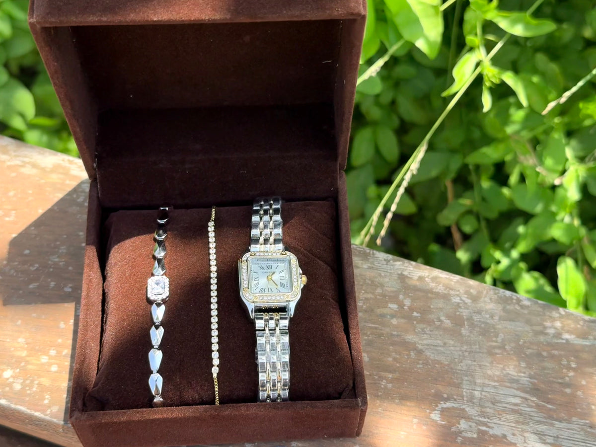 PACK MERIDA :Coffret de 3 pièces: Montre Cartier + Gourmette + rivière + Coffret CADEAU🎀 + Packaging Offert 🎁