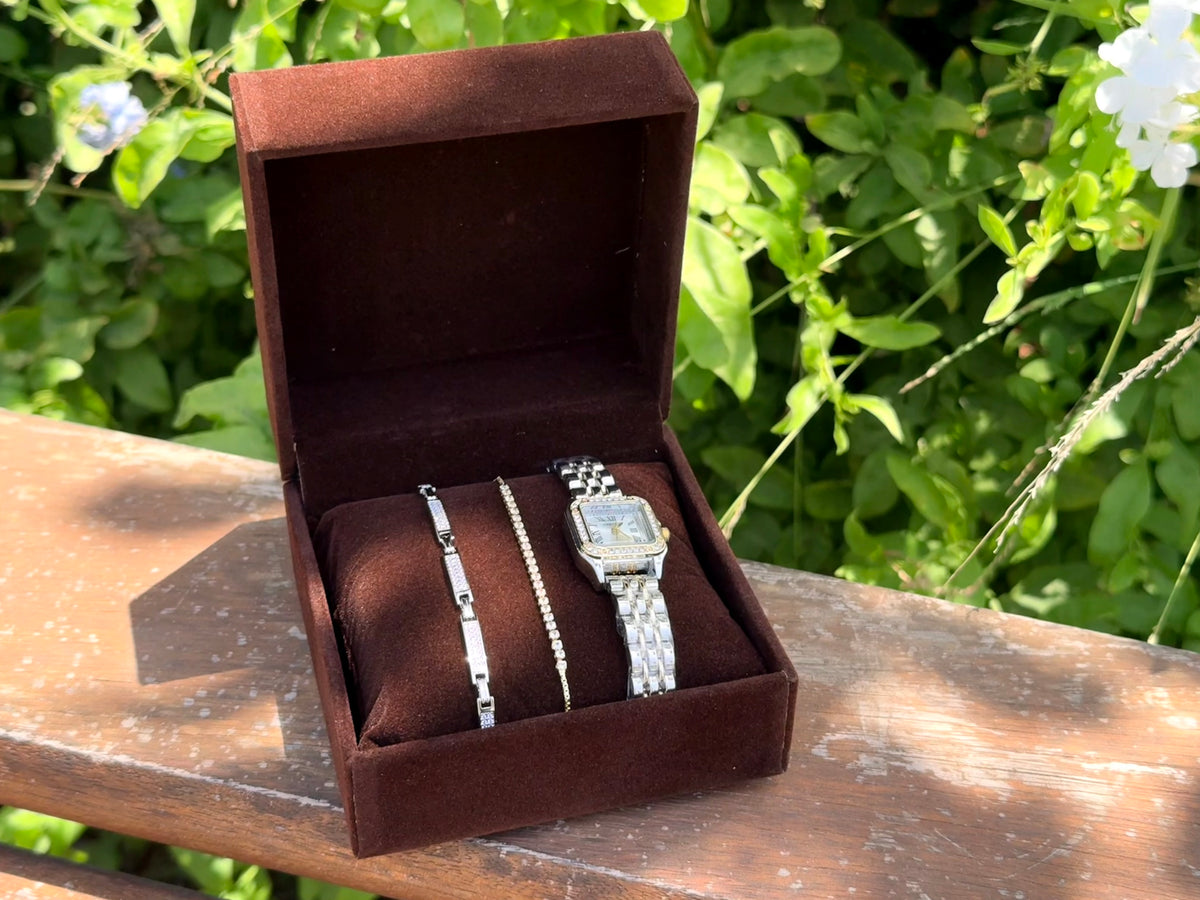PACK JASMIN :Coffret de 3 pièces: Montre Cartier + Gourmette + rivière + Coffret CADEAU🎀 + Packaging Offert 🎁